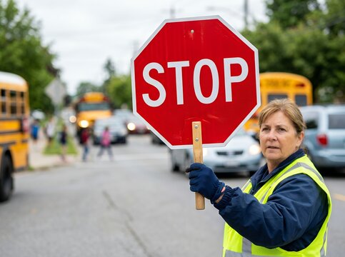 School Crossing Guard Holding Stop Sign Directing Traffic.