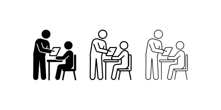 Teacher helping student icons set with silhouette and outline figures.