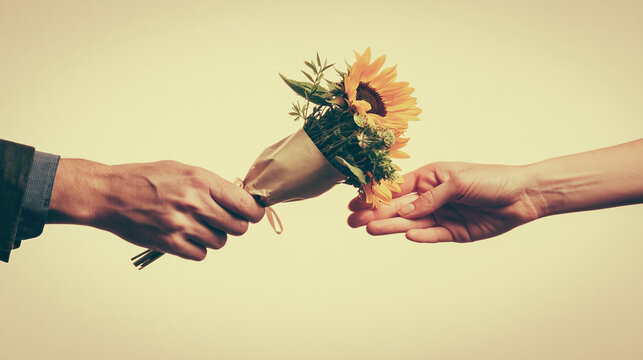 Anonymous hands presenting cheerful sunflower bouquet wrapped in paper against warm background
