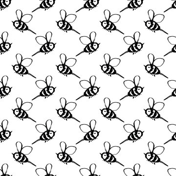 Seamless pattern with hand drawn happy funny cute honey bee Adorable flying striped insect friendly kawaii bumble bee For kids print, wrapping paper, packaging, fabric