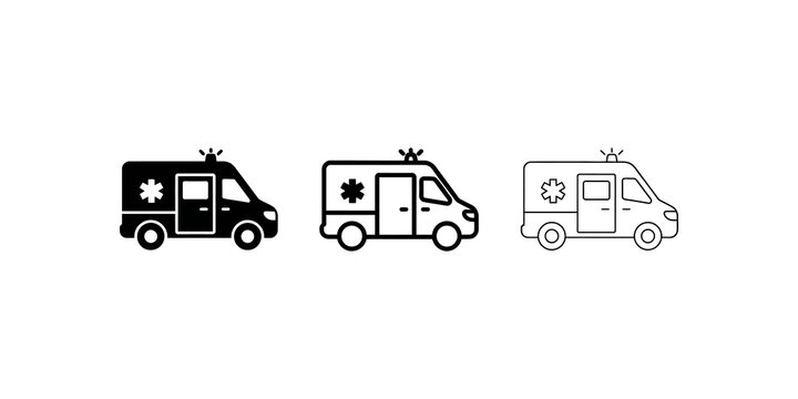 Ambulance vehicle icons set in solid outline and thin line styles.