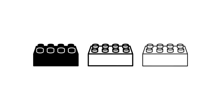Toy building block icon set with solid and outline variations for design.