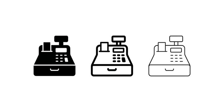 Cash register machine icon set with solid and outlined shopping styles.