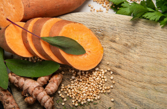 Fresh vegetables, fruits, beans and nuts. Food cooking background.