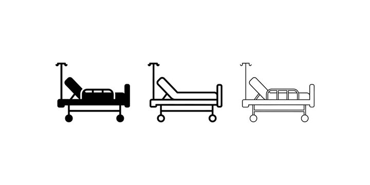 Hospital bed icon set with black and outline shapes for medical service.