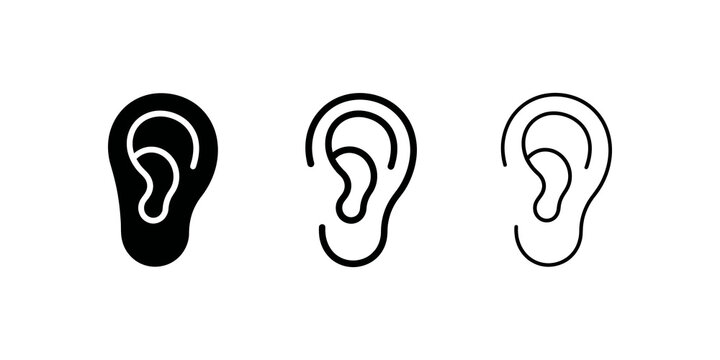 Ear icon set with black and outline design for medical hearing analysis.