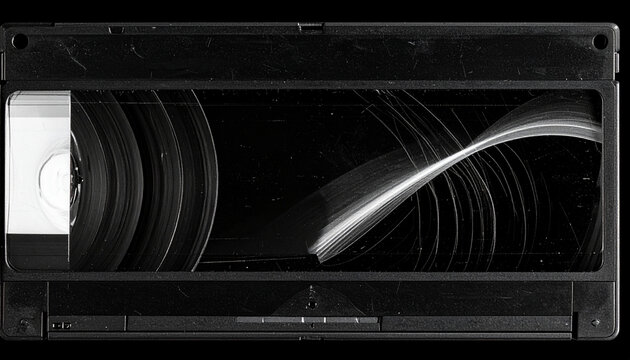 Vintage VHS Tape Close-up Showing Magnetic Tape Reel and Scratches on Black Background, Retro Media Concept