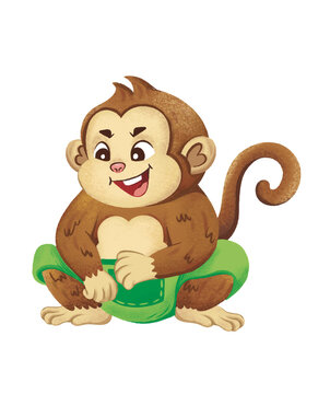Brown monkey character sitting and smiling wearing green pants isolated on transparent background