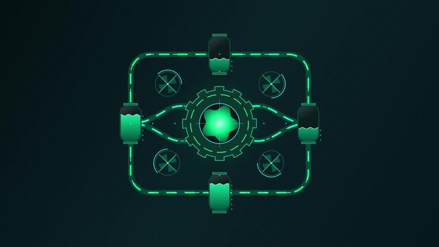 Futuristic green digital interface animation with rotating central gear and glowing containers