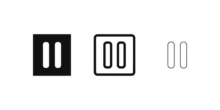 Pause button icon set featuring solid thick and thin square line styles.
