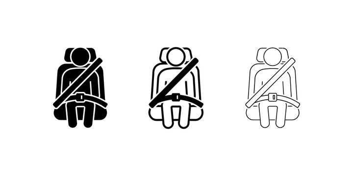 Passenger wearing seatbelt vector icon set in flat and outline style.