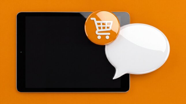 3D tablet computer icon with shopping cart and speech bubble on orange
