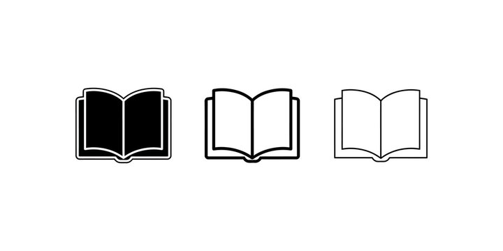 Open book page icons in solid outline and thin stroke design styles.