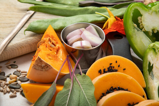 Fresh vegetables, fruits, beans and nuts. Food cooking background.
