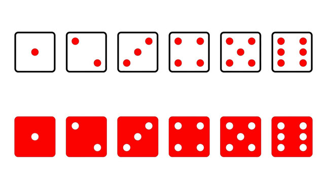 Twelve dice faces showing all numbers from one to six in white and red styles