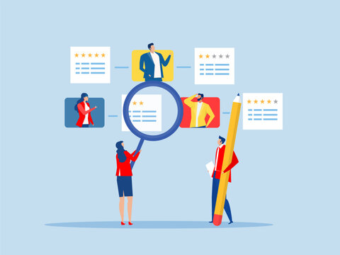 Business people HR with magnifier to choose choose candidate resume.Recruitment hiring process to choose candidate to fit job position vector