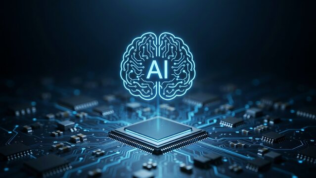 Neon glowing brain icon floating above integrated computer processor chip representing advanced artificial intelligence concepts for futuristic software research systems.