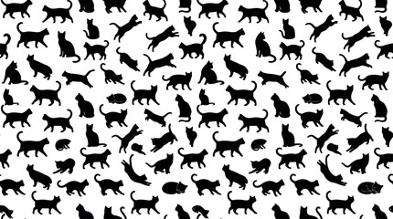 Fototapeta premium Black and White Silhouette Cats Pattern Design With Various Poses