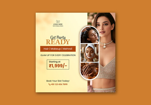 Editable Beauty Salon Social Media Promotion Template for Party Makeup, Hairstyle and Mehandi Service.