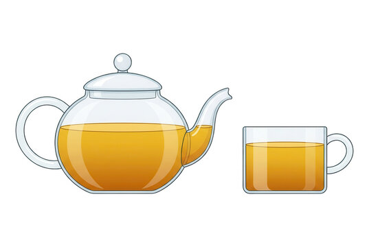 Ilustraci&oacute;n vectorial plana de una tetera de cristal transparente y una taza a juego llenas de t&eacute; caliente de color dorado sobre un fondo blanco limpio, dise&ntilde;o minimalista para uso comercial.