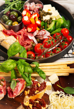 Mediterranean appetizers or antipasto, assorted Italian food.