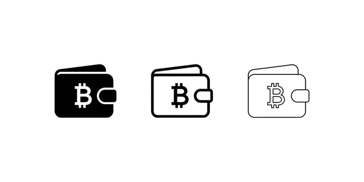 Bitcoin wallet icons set in black filled outline and thin line style.