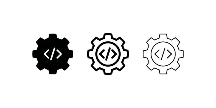 Gear icons with code brackets in solid and outline for web development.