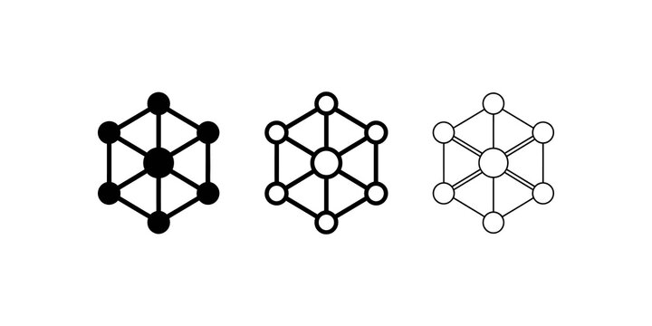 Hexagon network node vector icon in thick medium and thin linestroke.