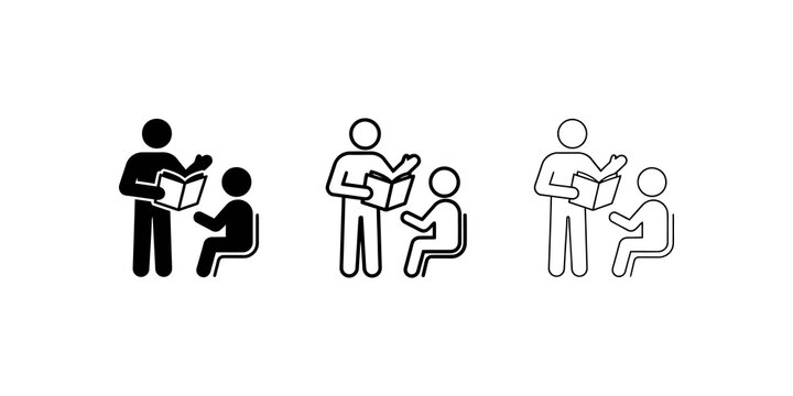 Tutor reading book to student vector outline icons set on transparent background.