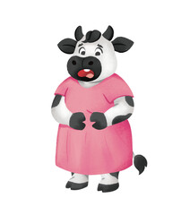 Naklejka premium Surprised cartoon female cow character wearing a pink dress isolated on transparent background