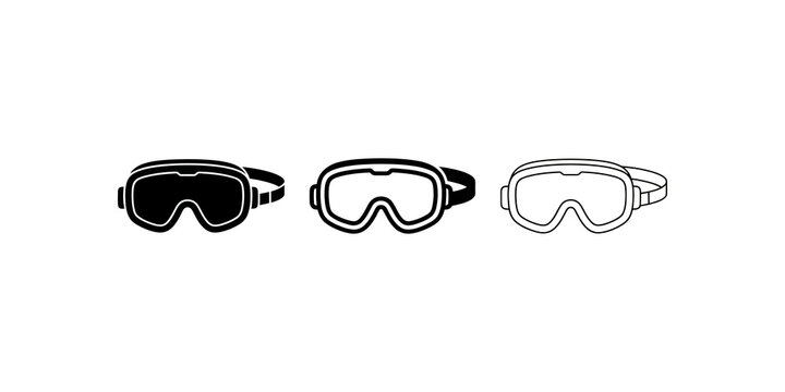 Ski goggles icons in black vector outline styles for winter sports apps.