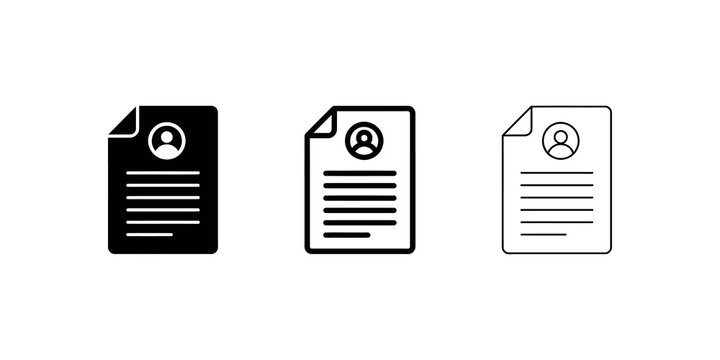 Resume paper document icon set in solid outline and thin line style.