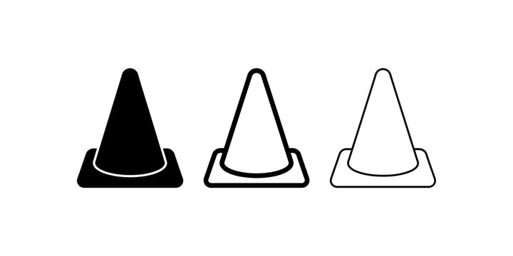 Traffic cone road safety icon set in solid outline and thin line art.