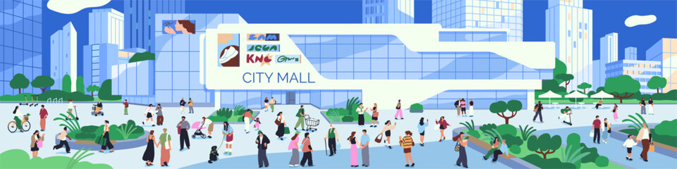 Fototapeta na wymiar City street, people walk at shopping mall building. People shop at mall, walk outside store. Diverse characters, pedestrians crowd outdoors at outlet center facade, panorama. Flat vector illustration