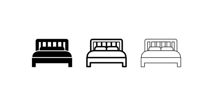 Three black bed icons in solid, bold, and thin outline styles for bedroom design.