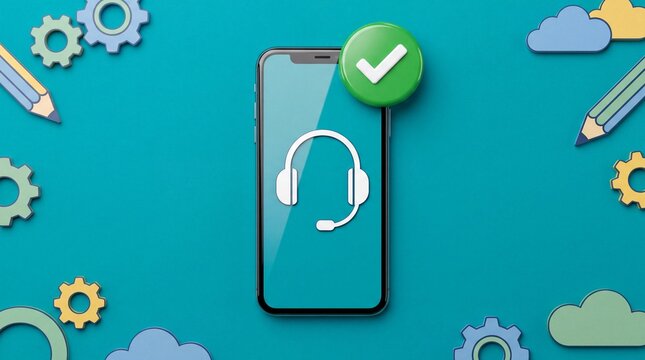 Customer support hotline headset icon on smartphone with gears and clouds