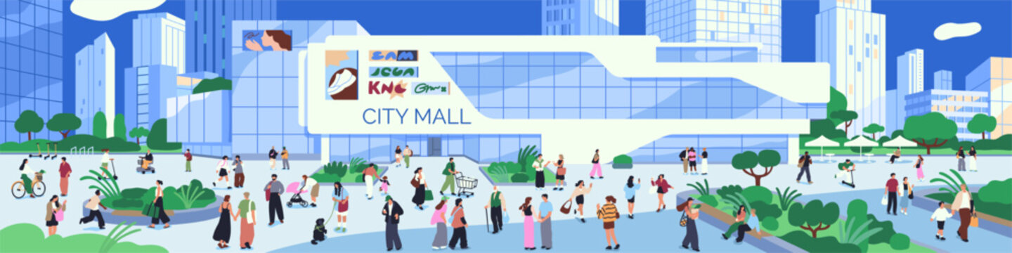 City street, people walk at shopping mall building. People shop at mall, walk outside store. Diverse characters, pedestrians crowd outdoors at outlet center facade, panorama. Flat vector illustration