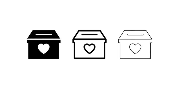 Charity donation box icon set with heart and slot detail for web design.