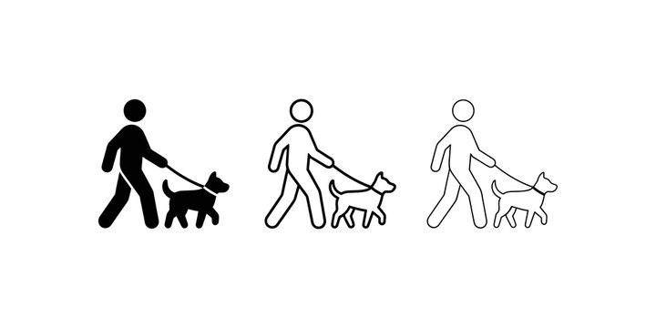 Dog walking service icon set depicting person with pet on leash vector.