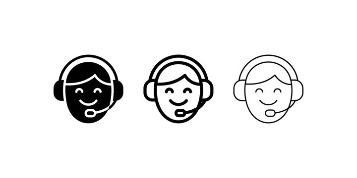 Support center agent avatar line and glyph icons in black outline.