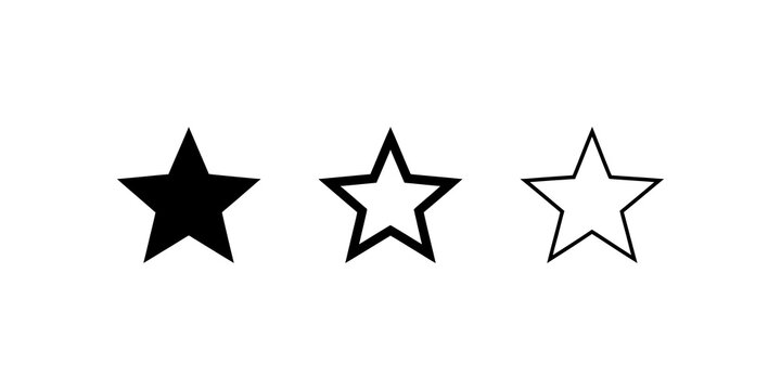Five point star icon set in black silhouette and outline for ranking.