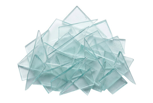 Mont&oacute;n de fragmentos de vidrio transparente con formas geom&eacute;tricas irregulares y bordes afilados, apilados sobre un fondo blanco puro, ideal para conceptos de rotura, seguridad o dise&ntilde;o industrial.