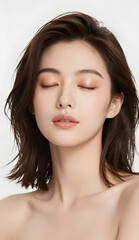 Fototapeta premium Beautiful double-eyelid Asian woman with natural shoulder-length tousled hair, delicate doll-face features, warm champagne-peach makeup, eyes gently closed, peaceful expression, luminous realistic ads