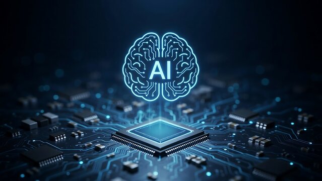 Artificial intelligence digital brain logo glowing blue circuits integrated on motherboard chip processor for advanced machine learning data processing technology.