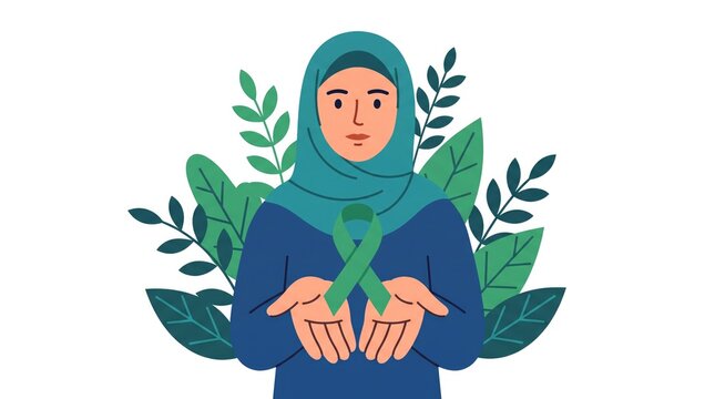 Hijab woman cupping hands holding green awareness ribbon vector illustration for mental health support icon