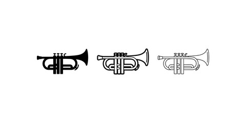Black trumpet musical instrument icons in three line weight outlines. ©  图像