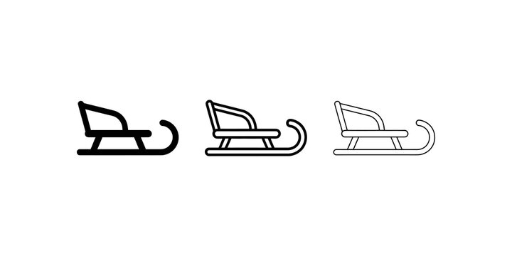 Three christmas sleigh icons in solid, linear, and outlined vector styles.