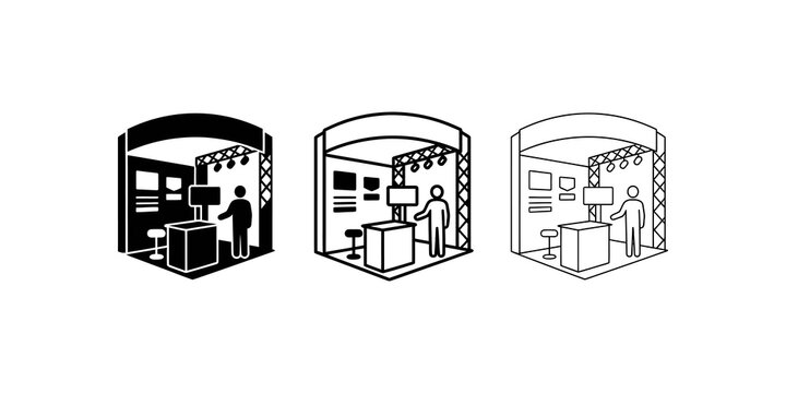 Person presenting at an exhibition stand icon set on transparent background.