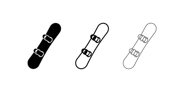 Three snowboard vector icons in solid, linear, and outlined styles.