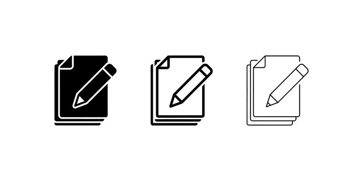 Edit document icons set featuring pencil on paper sheets silhouettes.